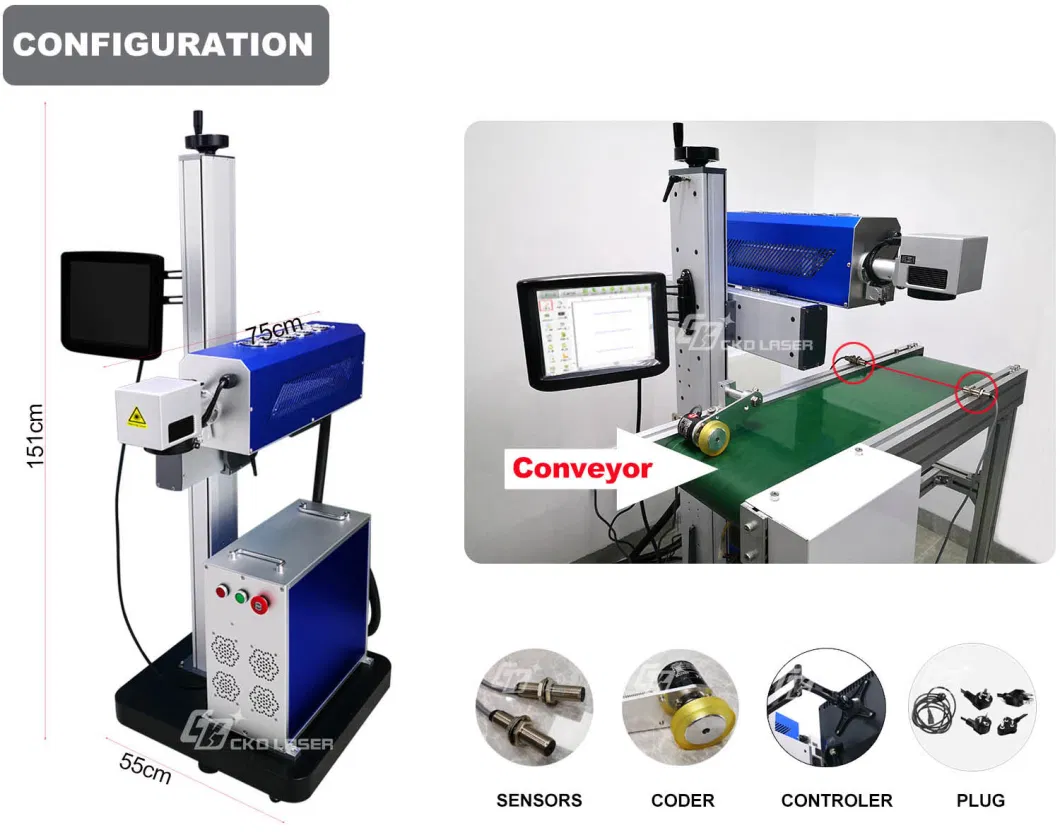 Expiry Date Coding Logo Printing Number Marking CO2 Laser Flying Machine for Plastic Water Bottle Pharmaceutical Cosmetics Food PE PP Numbering Cable Marker