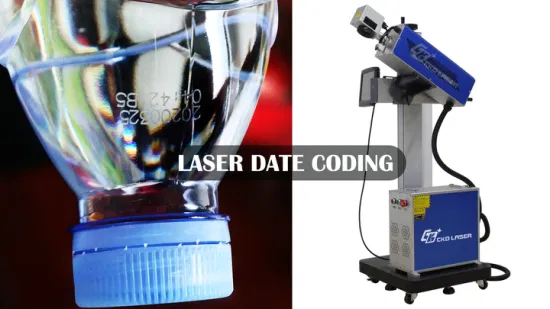 Marcação de número de impressão de logotipo de codificação de data de validade Máquina voadora a laser CO2 para garrafa de água plástica Cosméticos farmacêuticos Alimentos PE PP Marcador de cabo de numeração